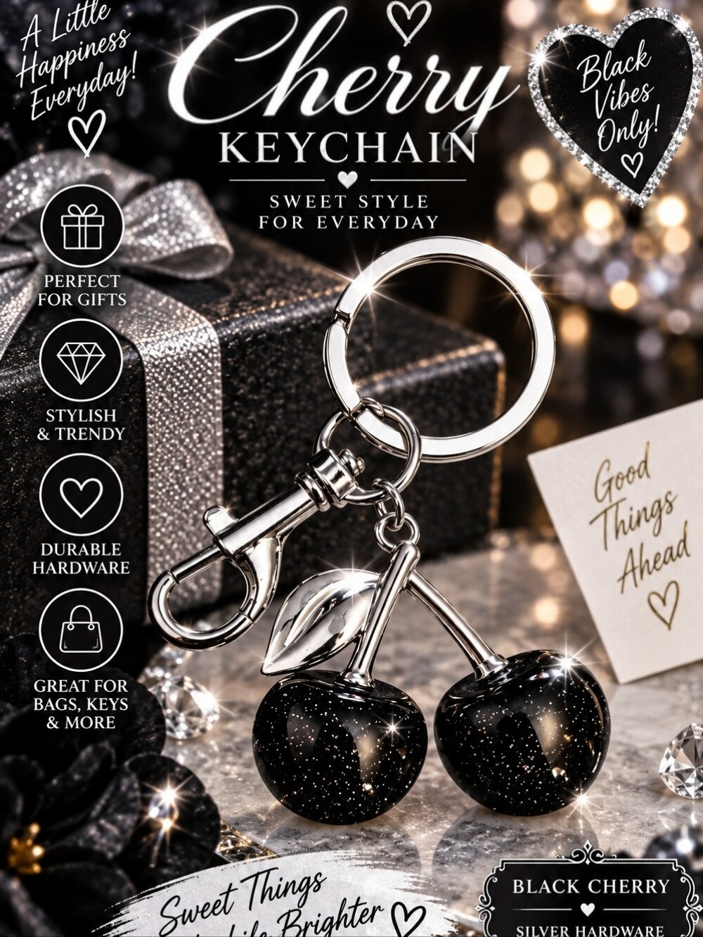 Black Cherry Keychain with Silver Hardware - Stylish Bag & Key Accessory!!